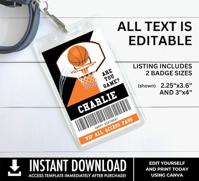 Basketball All Star ID Badge Basketball Party, Basketball VIP All Access Pass You Personalize using CANVAInstant Download Printable image 2