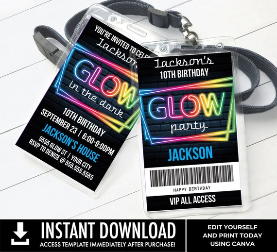 Neon Glow Invitation Party Badge, Neon Glow VIP Badge, Glow Party Invite | Edit with CANVA - INSTANT Download Printable Template