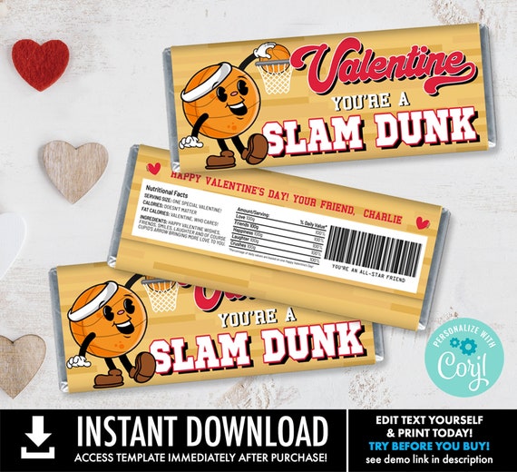 Valentine Basketball Candy Bar Label,Retro Basketball Valentine,Valentine Party | Self-Edit with CORJL - INSTANT DOWNLOAD Printable Template