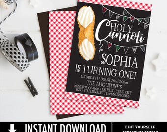 Holy Cannoli Party Invitation, Holy Cannoli Birthday, Italian Party, Pasta Party Theme | Edit with CORJL-INSTANT DOWNLOAD Printable Template