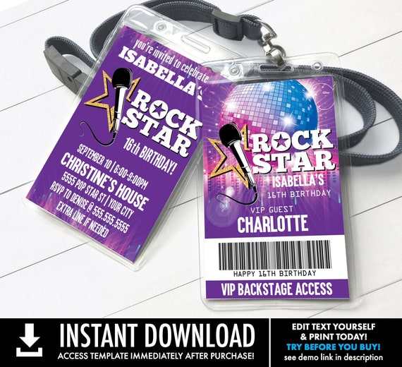 Rock Star Party VIP Badge Invitation, Party like a Pop Star, Rock n Roll | You Personalize using CORJL -INSTANT Download Printable Template