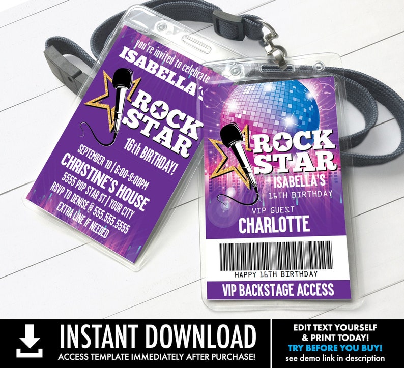 Rock Star Party VIP Badge Invitation, Party like a Pop Star, Rock n Roll You Personalize using CORJL INSTANT Download Printable Template image 1