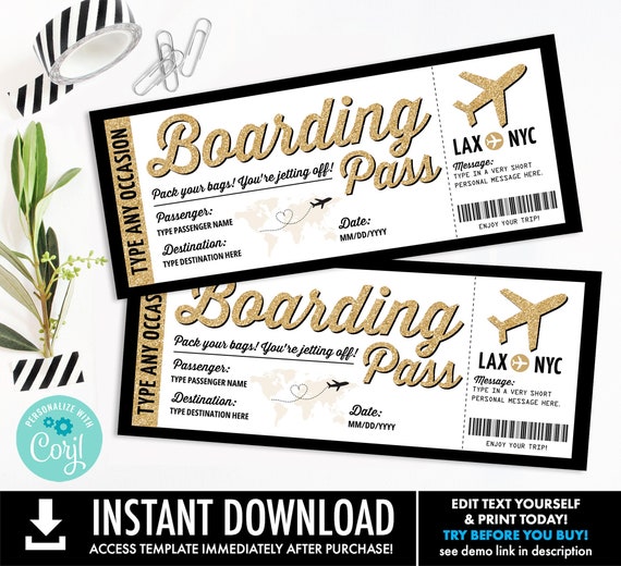 Boarding Pass Template - Surprise Fake Airline Ticket,Airplane Flight Destination | Personalize using CORJL - INSTANT DOWNLOAD Printable