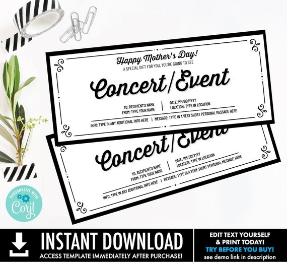 Mother's Day Concert/Event, Gift for Mom,Surprise Gift Reveal,Gift Certificate,Voucher | Personalize using CORJL–INSTANT DOWNLOAD Printable