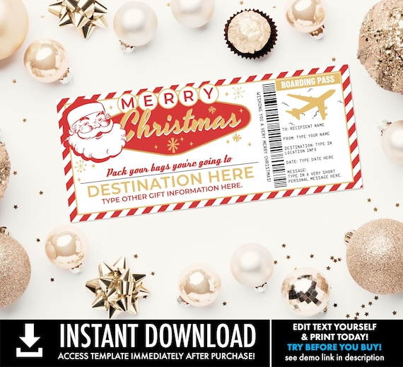Christmas Boarding Pass Gift Certificate, Vacation Gift Voucher, Plane Ticket Gift | You Persoanlize with CORJL-INSTANT Download Printable