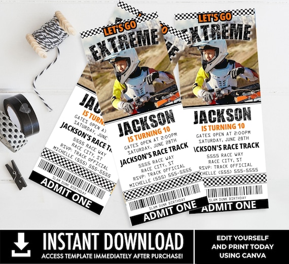 Dirt Bike Motorcycle Motorcross Birthday Party PHOTO Invitations | Edit using CANVA - INSTANT Download Printable Template