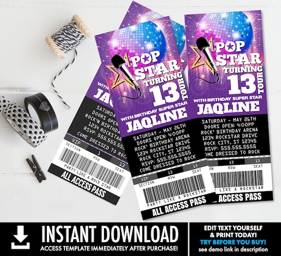 Pop Star Party Ticket Invitations - Party like a Rockstar- Rock n Roll Birthday | Self-Edit with CORJL - INSTANT DOWNLOAD Printable Template