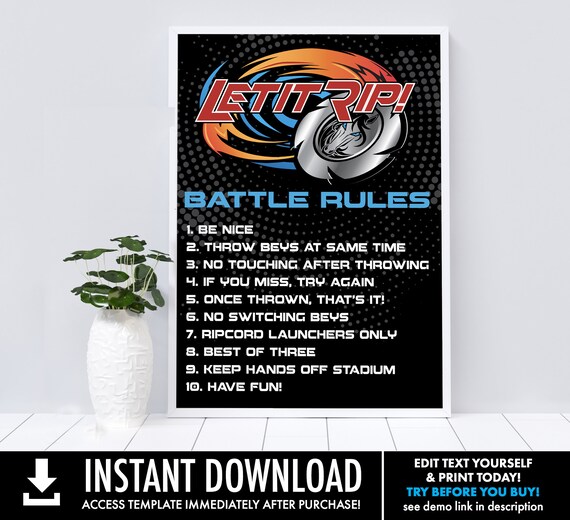 Blade Tournament 16x20 Battle Rules Sign - Bey-Blade Inspired, Party Sign | Self-Editing with CORJL - INSTANT DOWNLOAD Printable Il_570xn