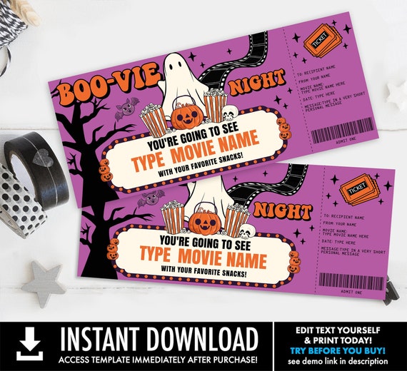 Halloween Boo-vie Night Ticket, Ghost Movie Night Gift Certificate, Surprise Movie Ticket | Self-Edit with CORJL–INSTANT DOWNLOAD Printable