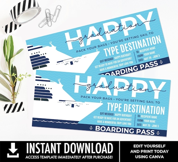 Graduation Surprise Cruise Gift Voucher, Cruise Gift Certificate, Boarding Pass, Cruise Coupon | You Personalize with CANVA–INSTANT DOWNLOAD