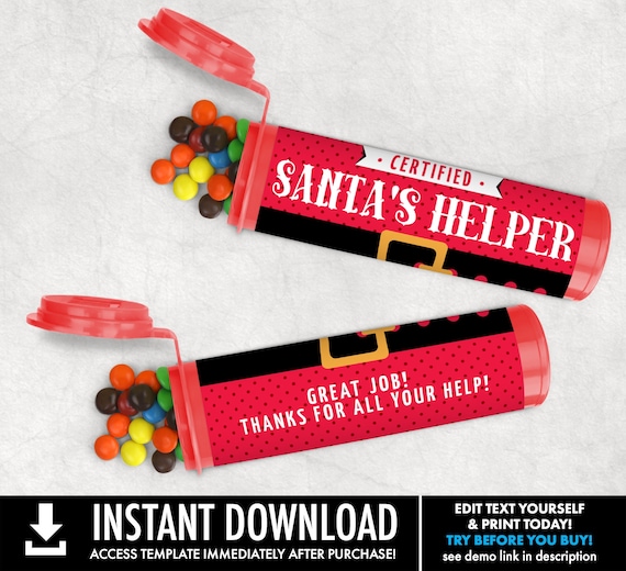 Santa's Helper Mini m&m Tube Label,Christmas Party Favor, Santa Treat, Elf Party | Self-Edit with CORJL INSTANT Download Printable