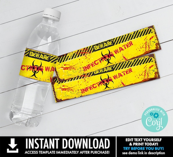 Zombie Bottle Wrapper/Labels - Infectious Water, Zombie Party, Halloween Party, Birthday | Self-Edit with CORJL - INSTANT DOWNLOAD Printable