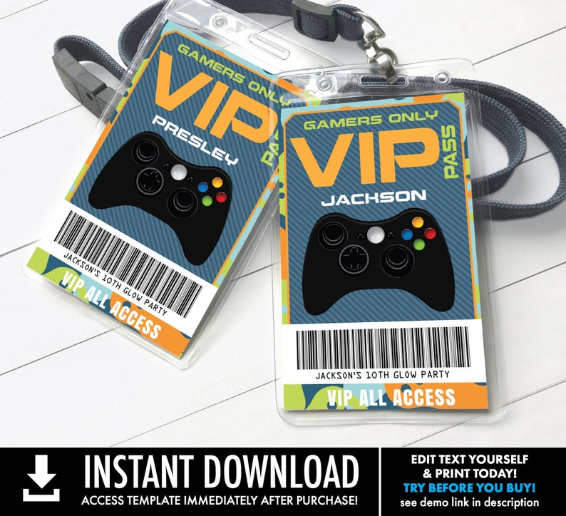 Video Game Badges Video Game ID Badges, Video Game Birthday, Truck Party, Blue Camo Self-Edit with CORJL INSTANT Download Printable image 1