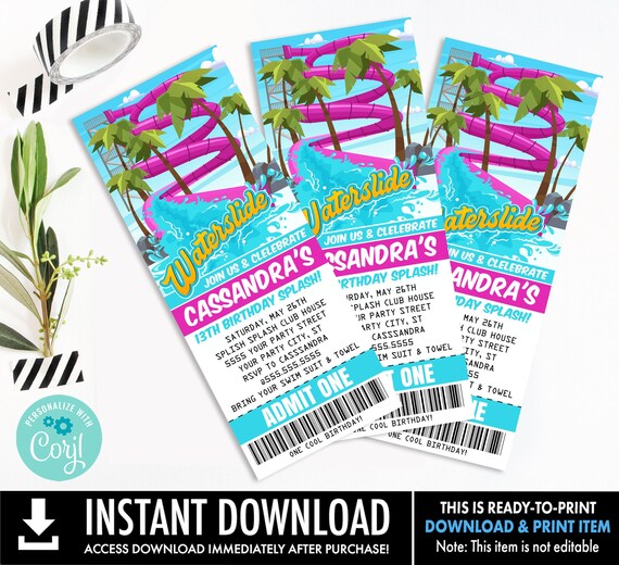 Waterslide Party Ticket Invitation - Waterpark Ticket Invite, Pool Party | You Personalize using CORJL-INSTANT DOWNLOAD Printable Template