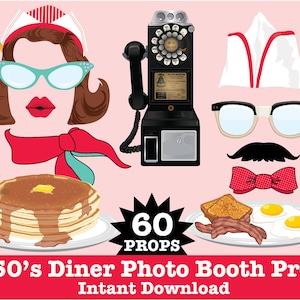 50s Photo Booth Props, Diner Party, Fifties Party, Rock n Roll Party, Sock Hop Party -  Instant Download PDF - 60 DIY Printable Props