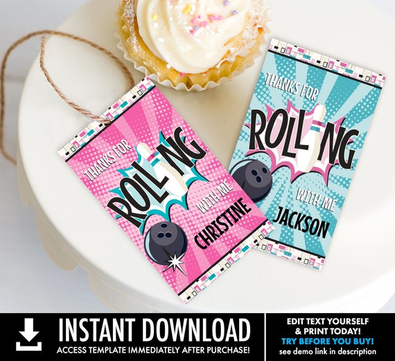 Bowling Party Favor Tag–Pink & Turquoise Bowling Party,Bowling Birthday,Retro Bowling | Personalize using CORJL–INSTANT DOWNLOAD Printable