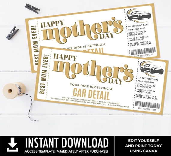 Mother's Day Car Detailing Editable Golden Ticket Template, Gift Certificate, Surprise Auto Detailing Coupon | Edit with CANVA-Printable