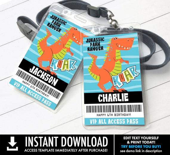 Dinosaur Party VIP Badge - Dinosaur Birthday, Jurassic Park, All Access Pass | Self-Edit with CORJL - INSTANT Download Printable Template