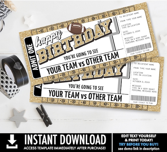 Birthday Football Ticket Gift Editable Template - Surprise Birthday Football Game Ticket | Self-Edit with CORJL - INSTANT DOWNLOAD Printable