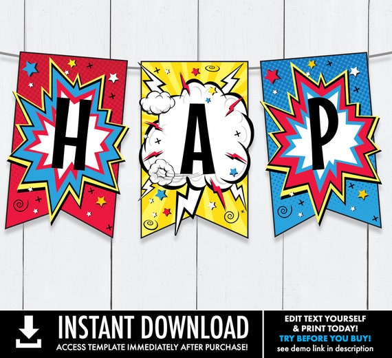 Superhero Banner - Superhero Party, Comic Book Banner, Superhero Party Decor, Birthday | Self-Edit with CORJL - INSTANT DOWNLOAD Printable Il_570xn