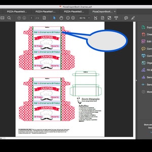 May include: Printable PDF template for a pizza-themed crayon box. The template features a red and white checkered pattern, a chef's hat, and the text "Bar & Emmersons Birthday Crayons".