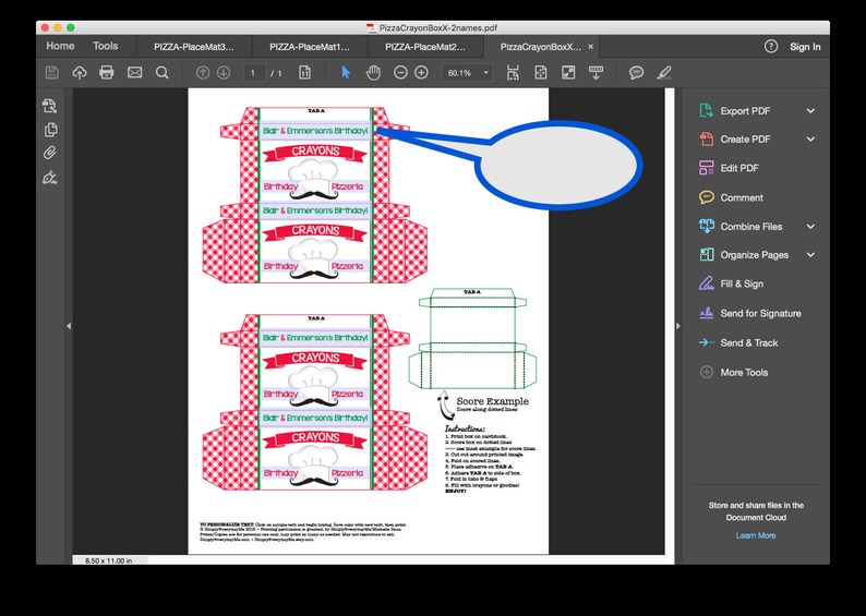 May include: Printable PDF template for a pizza-themed crayon box. The template features a red and white checkered pattern, a chef's hat, and the text "Bar & Emmersons Birthday Crayons".