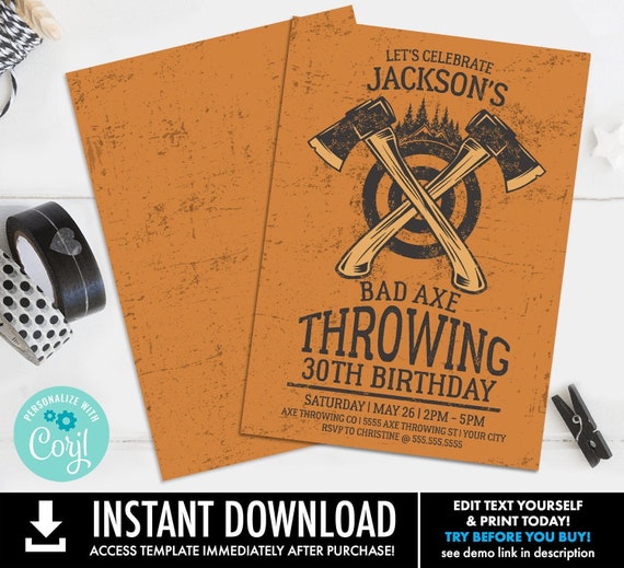 Axe Throwing Party Invitation - Bad Axe Birthday,Axe Throwing Invite,Lumberjack | Self-Edit with CORJL - INSTANT DOWNLOAD Printable Template
