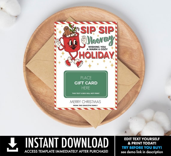 Retro Hot Cocoa Gift Card Holder, Last Minute Holiday Gift for Teacher, Client, Staff, Thank You, Friend | Edit using CORJL-INSTANT DOWNLOAD