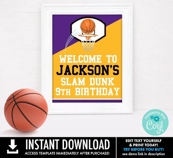Basketball 8x10 Party Sign - Basketball Party, Basketball Birthday, Welcome sign | Self-Editing with CORJL - INSTANT DOWNLOAD Printable