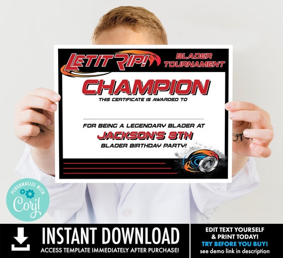 Blade Tournament Certificate -  Blade Inspired, Tournament Certificate | You Personalize using CORJL INSTANT Download Printable