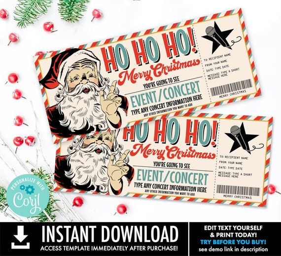 Retro Santa Concert Ticket Gift,Surprise Concert, Christmas Concert Gift Certificate | Self-Edit with CORJL - INSTANT DOWNLOAD Printable