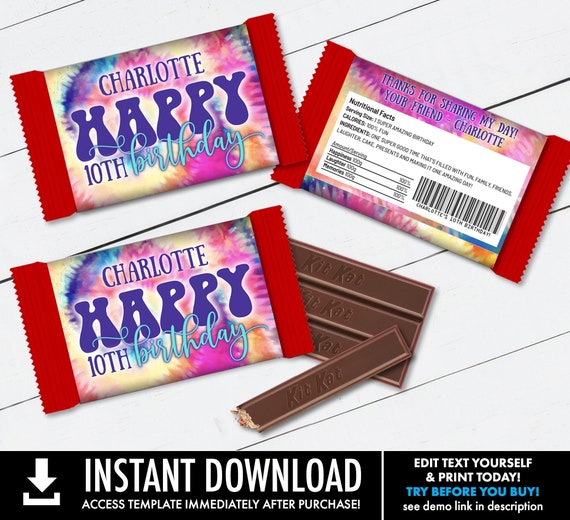 Tie Dye Candy Wrap/Label, Wafer Chocolate Candy Bar Label/Wrap, Hippie Party | You Personalize using CORJL - INSTANT DOWNLOAD Printable