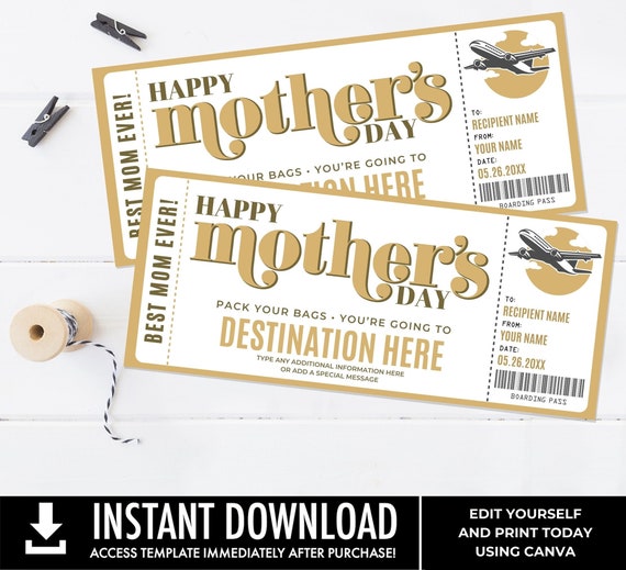 Mother's Day Boarding Pass Editable Golden Ticket Template, Gift Certificate, Surprise Vacation Voucher Coupon | Edit with CANVA-Printable