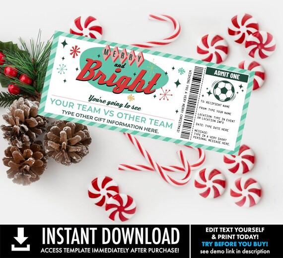 Christmas Soccer Ticket Gift Certificate, Soccer Game Ticket Gift Voucher,RetroSanta | Self-Edit with CORJL-INSTANT DOWNLOAD Printable