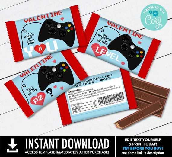 VALENTINE Game Controller Wafer Chocolate Candy Bar Label - 3 Different Video Game Candy Labels | Self-Edit with CORJL - INSTANT Download