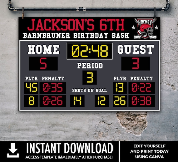 Hockey Scoreboard 36"x24" Party Sign/Poster - Scoreboard Party Backdrop | Edit using CANVA - INSTANT DOWNLOAD Printable