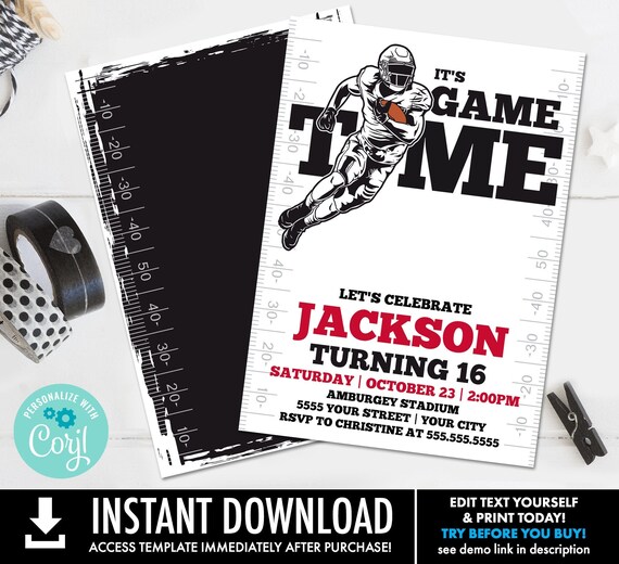 Football Party Invitation - It's Game Time, Football Invitation,Tailgate Invite | Self-Edit with CORJL - INSTANT DOWNLOAD Printable Template