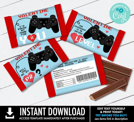 VALENTINE Game Controller Wafer Chocolate Candy Bar Label - 3 Different Video Game Candy Labels | Edit with CORJL–INSTANT Download Printable