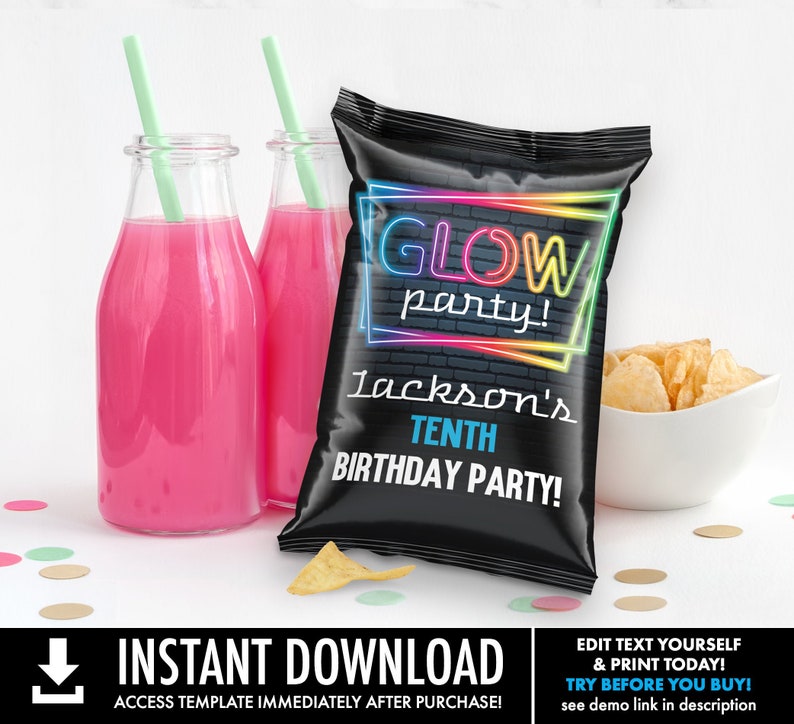 May include: A black chip bag with a neon glow party design. The bag says "Glow Party!" with a rainbow neon border. It also says "Jackson's Tenth Birthday Party!" in white text.