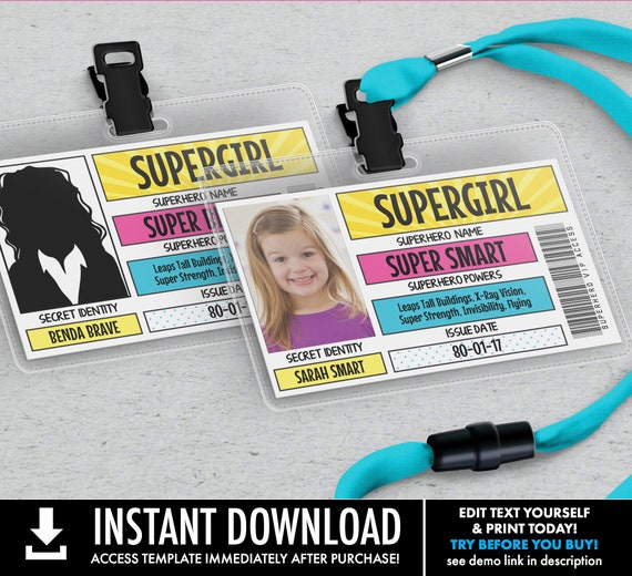 Supegirl Badges - Supergirl/Superhero ID Badge, Superhero Birthday Party Favor | Self-Edit with CORJL - INSTANT Download Printable