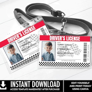 Rennwagen Führerschein - ID Abzeichen, Autos Geburtstag, Lizenzausweis, Rot | Sie personalisieren mit CANVA - Instant Download druckbare Vorlage