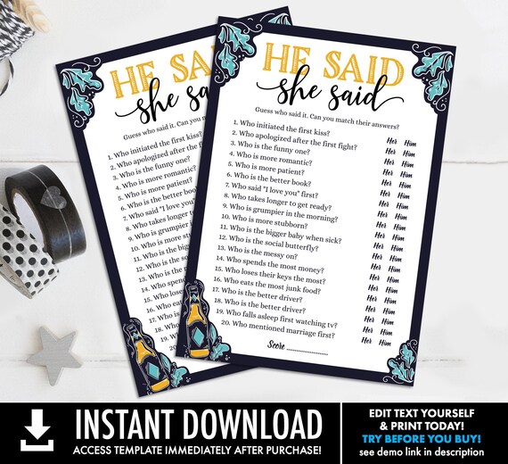 He Said She Said Bridal Shower Game, Craft Beer Shower, Love is Brewing Shower | Self-Edit with CORJL - INSTANT Instant Printable Il_570xn