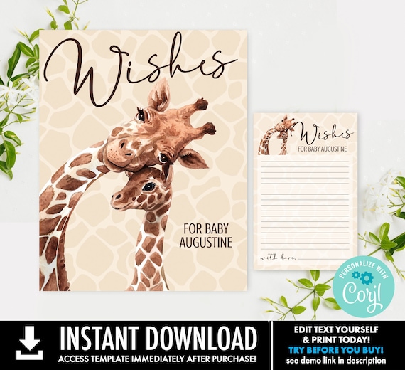 Giraffe Wishes for Baby 2-Piece SET - 8x10 Sign & 4x6 Advice Card, Safari | Self-Edit with CORJL - Instant DOWNLOAD Printable