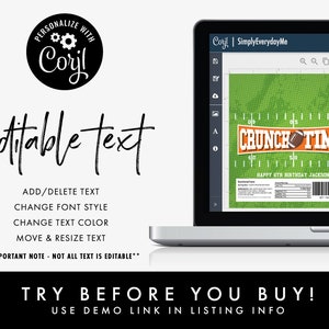 May include: A laptop displays a customizable football-themed design with the text "CRUNCH TIME" and "HAPPY 6TH BIRTHDAY JACKSON!". The design includes editable text options and a demo link.