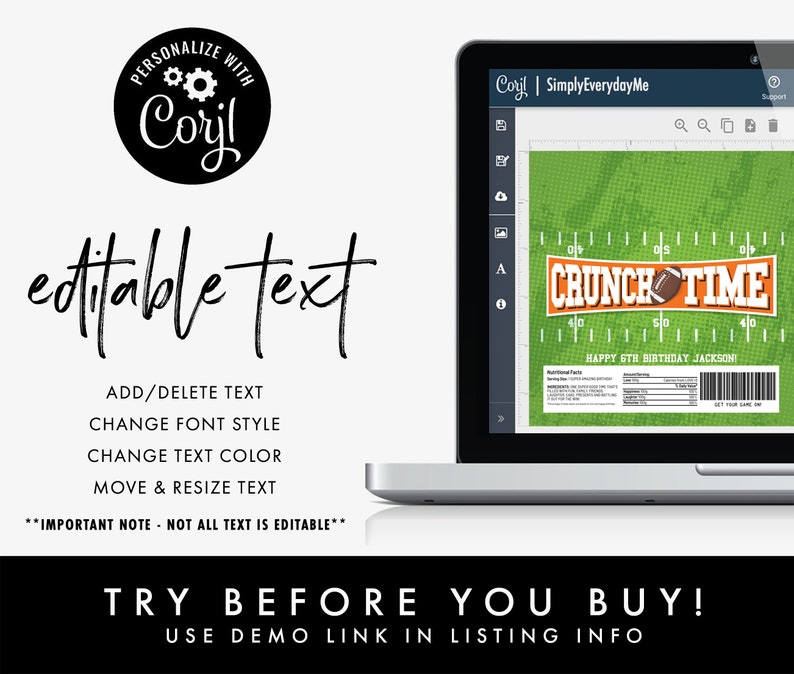 May include: A laptop displays a customizable football-themed design with the text "CRUNCH TIME" and "HAPPY 6TH BIRTHDAY JACKSON!". The design includes editable text options and a demo link.