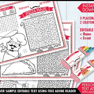 May include: Printable pizza-themed placemats with a word search, maze, and coloring pages. The placemats feature a cartoon chef tossing a pizza and the text "Rainee's Birthday".  The set includes 3 placemats and 2 crayon boxes.