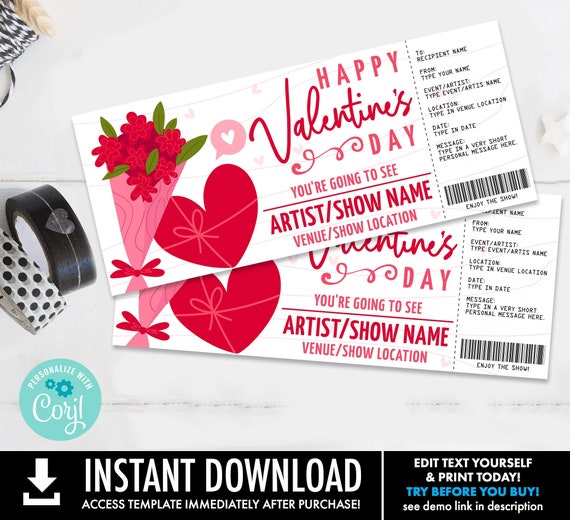 Valentine's Day Concert Ticket Gift - Gift Voucher, Certificate, Surprise, Concert/Show | Self-Edit with CORJL - INSTANT DOWNLOAD Printable