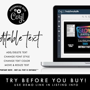 May include: Editable template for a glow party birthday invitation. The template features a black background with neon pink, green, blue, and yellow text that reads "Glow Party!" and "Jackson's Tenth Birthday Party!" The template is customizable with text, font, color, and size.