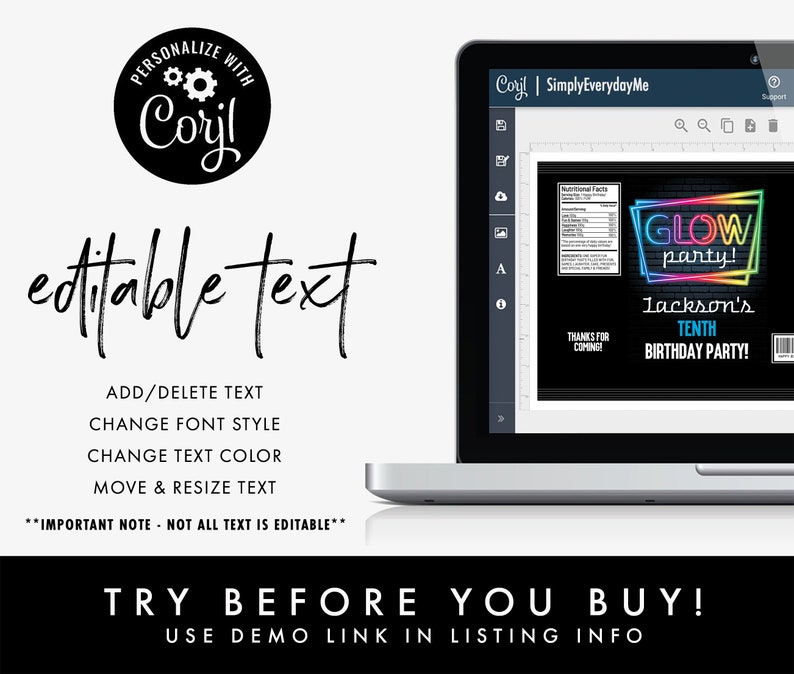 May include: Editable template for a glow party birthday invitation. The template features a black background with neon pink, green, blue, and yellow text that reads "Glow Party!" and "Jackson's Tenth Birthday Party!" The template is customizable with text, font, color, and size.