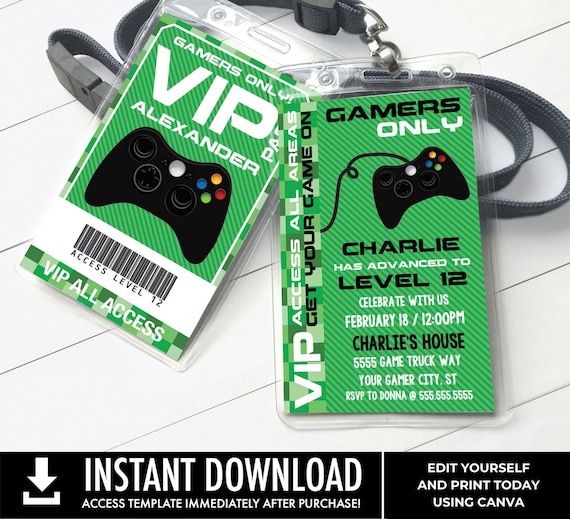 Video Gamer VIP I.D. Badge Invitation- 2-Sided Badge, Party Favor, Game Truck Invite | Edit with CANVA - INSTANT Download Printable